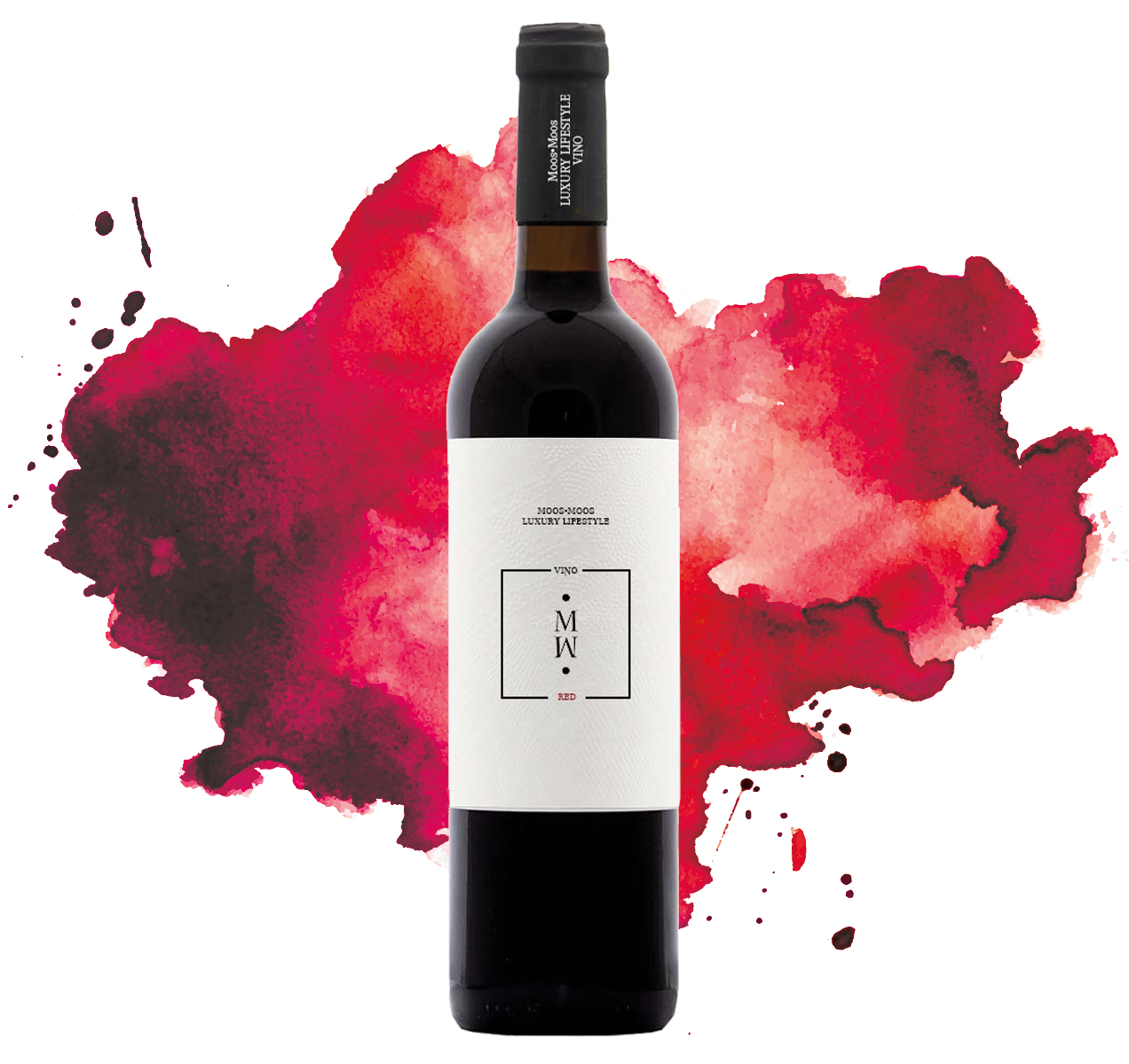 Eine Flasche Rotwein von Moos Moos und im Hintergrund Farbeffekte
